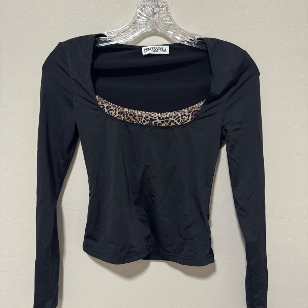 Princess Polly Black Long Sleeve Top with Leopard Detail